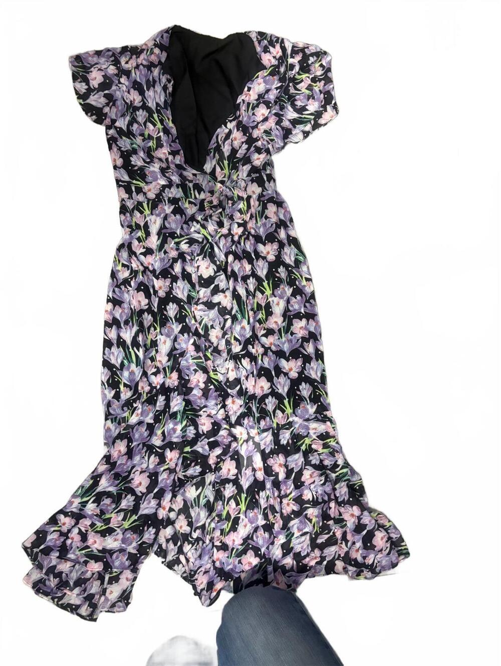 Purple Floral Print Ruffle Wrap Maxi Dress Short Sleeve V-Neck New